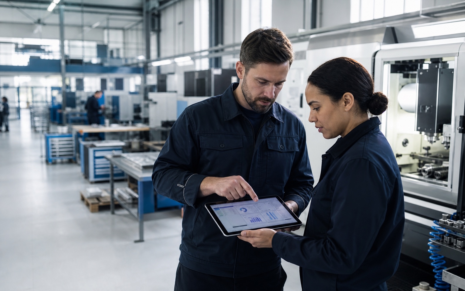 Twee professionals bekijken productie-informatie op een tablet naast een CNC-machine