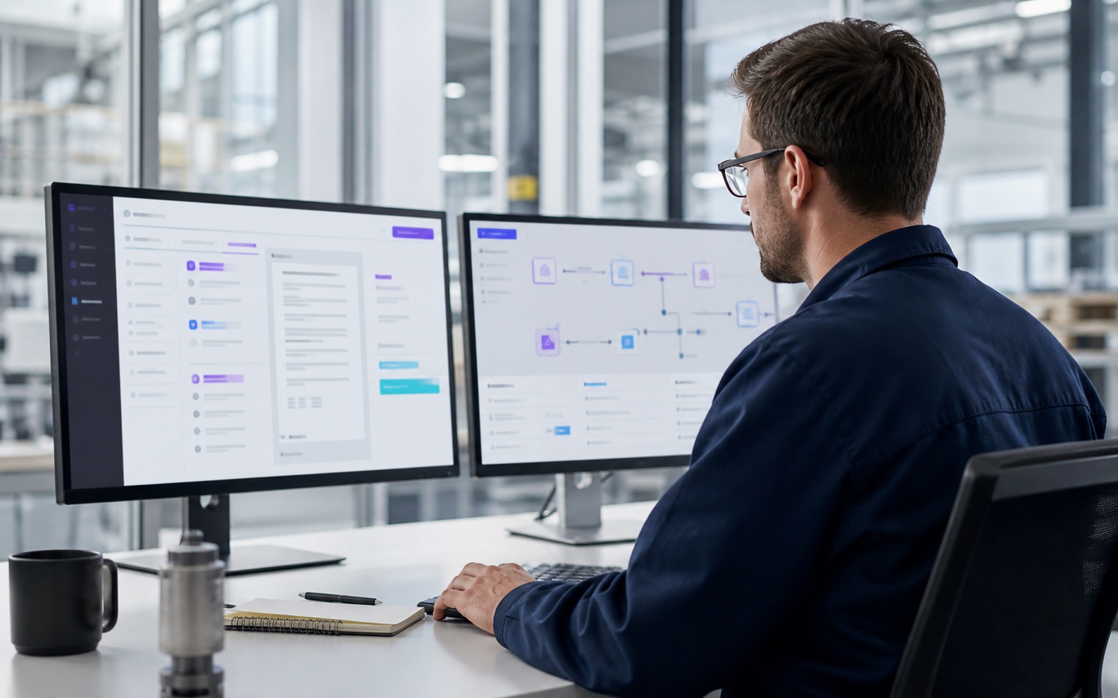 Operationsspecialist beoordeelt een documentproces en een bedrijfsworkflow op twee schermen