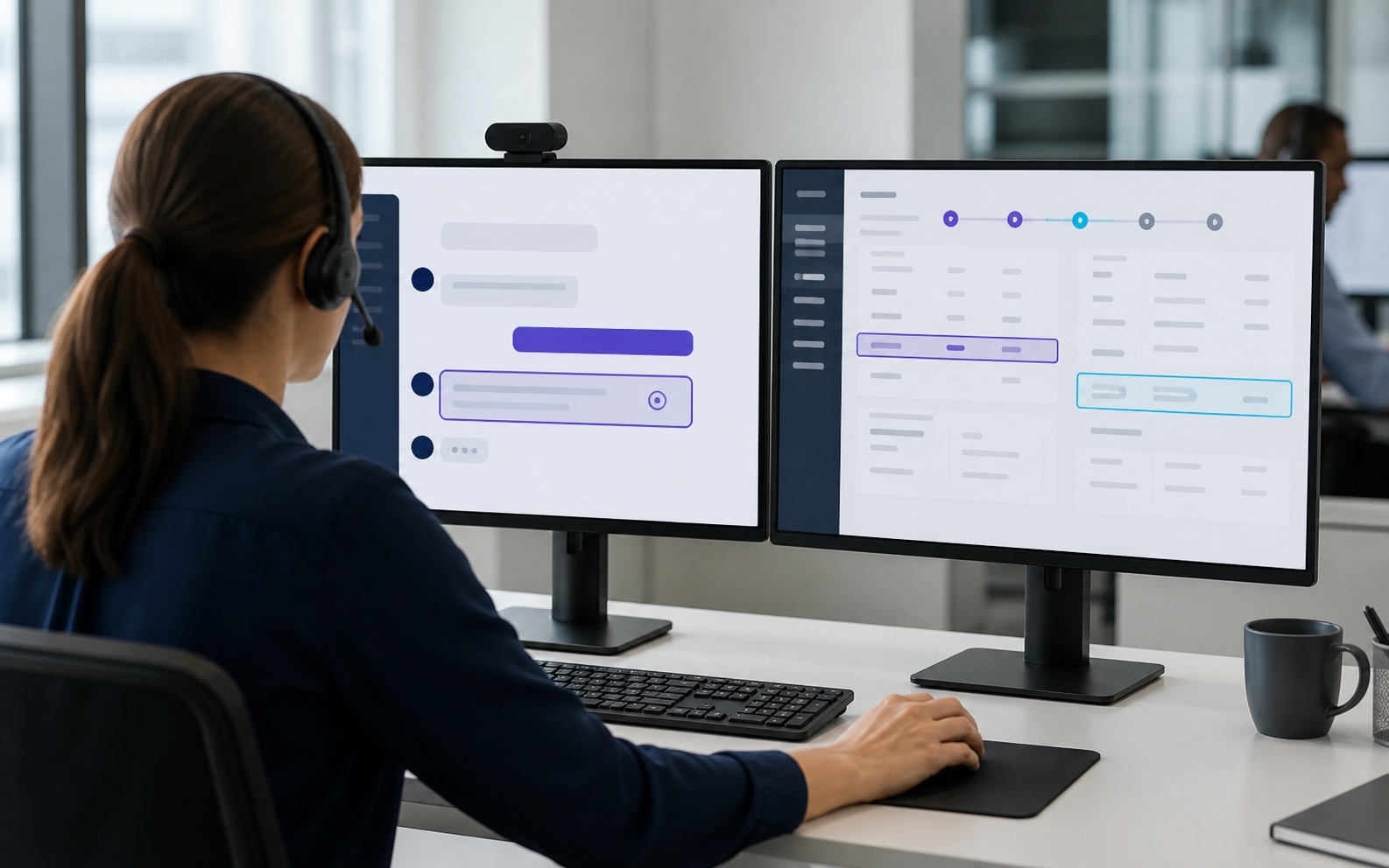 Medewerker werkt met een chatbot en een ERP-orderoverzicht op twee naast elkaar geplaatste schermen